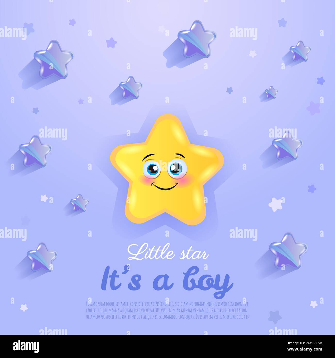 Bandiera quadrata dell'acquazzone del bambino con la stella piccola del fumetto e le stelle realistiche su sfondo blu. È un ragazzo. Illustrazione vettoriale. Illustrazione Vettoriale