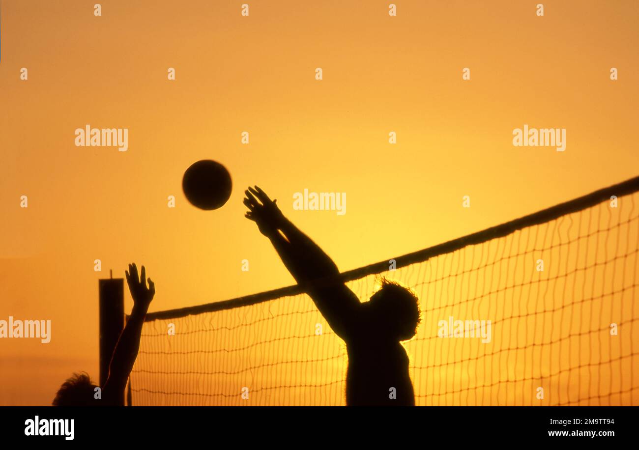 Partita di Beach volley al tramonto, Santa Monica, California Foto Stock