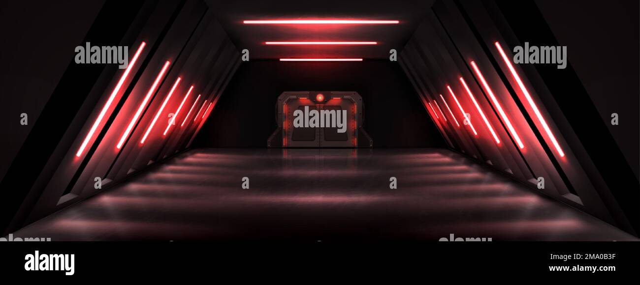 Sala scura con porta in metallo chiusa e illuminazione a lampada al neon rosso. Rappresentazione vettoriale realistica di laboratorio segreto, veicolo spaziale alieno, bomba riparo dentro Illustrazione Vettoriale