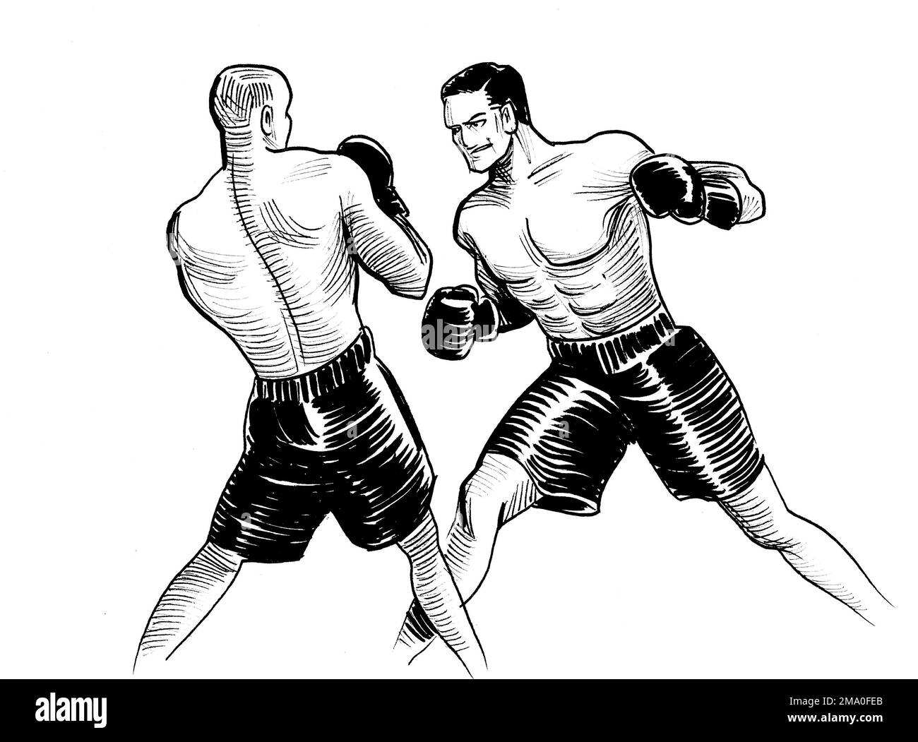 Atleti di boxe. Disegno in bianco e nero a inchiostro Foto Stock