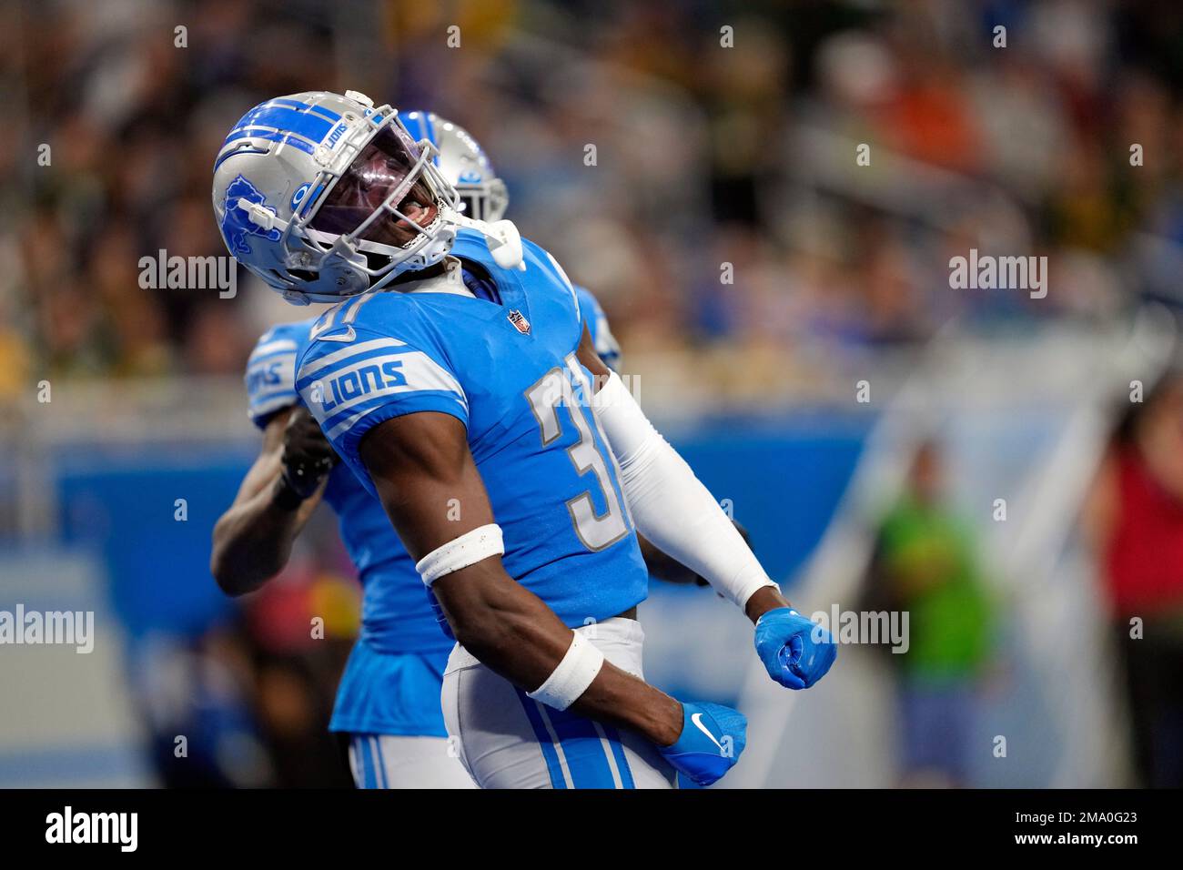 Detroit Lions safety Kerby Joseph reacts after breaking up a pass in the end zone during the second half of an NFL football game against the Green Bay Packers, Sunday, Nov. 6, 2022, in Detroit. (AP Photo/Paul Sancya) Foto Stock