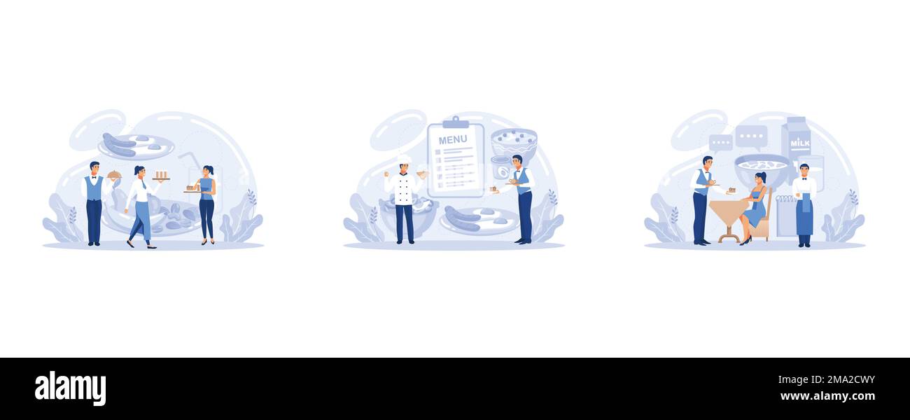 Banner Web del cameriere o pagina di destinazione impostata. Personale del ristorante in uniforme, servizio catering, set piatto vettore moderna illustrazione Illustrazione Vettoriale