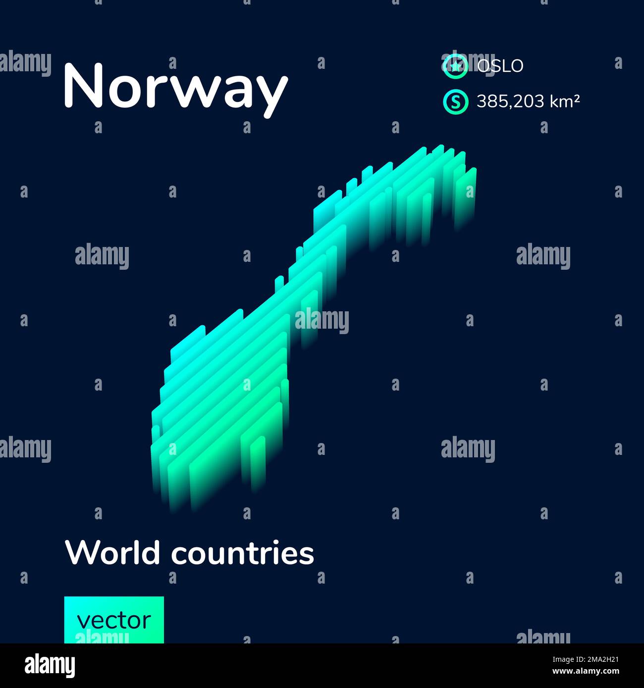 3D mappa vettoriale isometrica della Norvegia in colori turchesi al neon su sfondo blu scuro Illustrazione Vettoriale