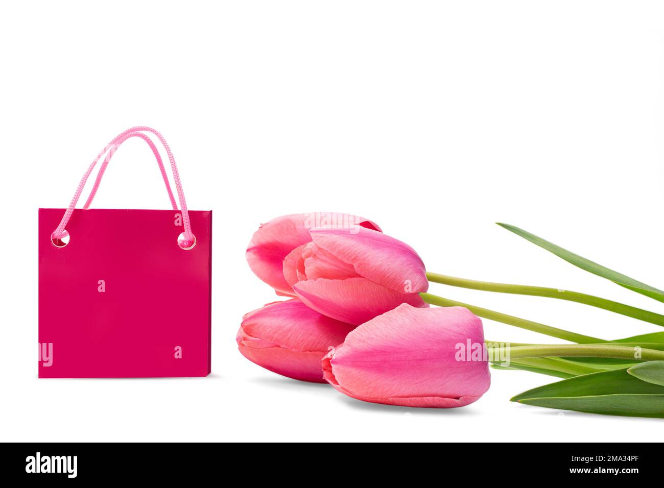 Tulipani rosa con foglie verdi e borsa da shopping giacciono su sfondo bianco isolato. Vacanze, Internazionale delle donne, Festa della mamma, compleanno, 8 marzo, sal Foto Stock