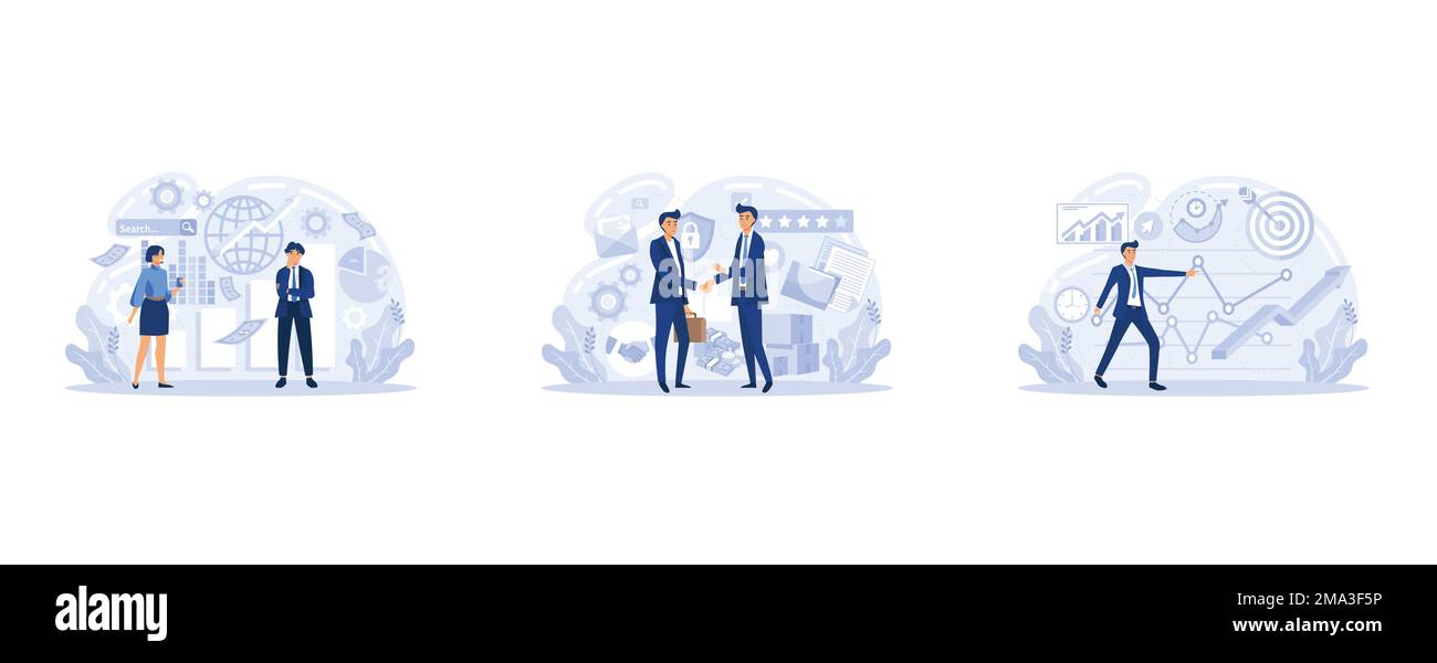 Metafora dei servizi alle imprese, pianificazione strategica, ricerca di mercato, project management, lavoro di squadra per raggiungere gli obiettivi e aumentare i risultati e i profitti, account Illustrazione Vettoriale