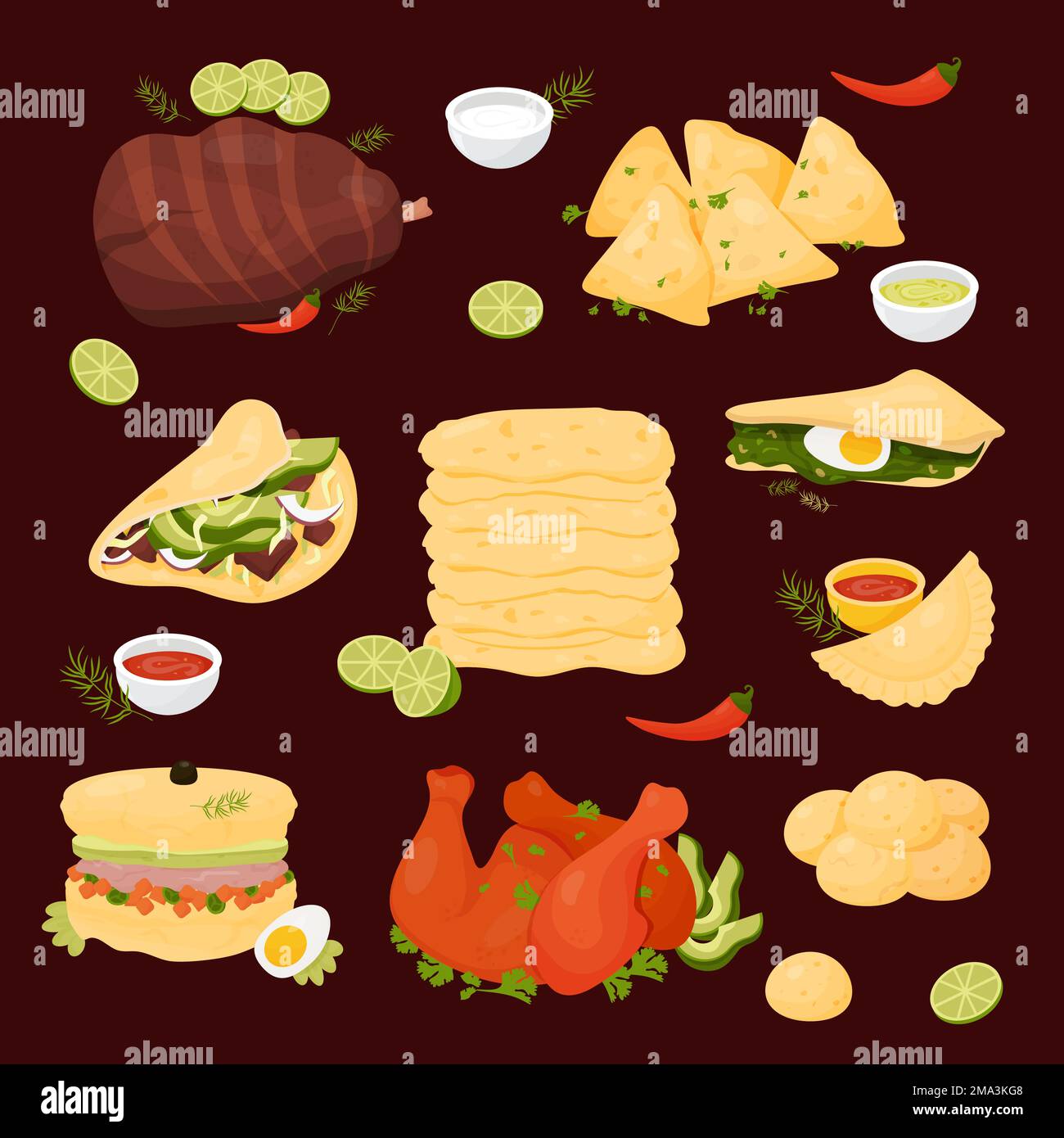 Cucina latino-americana. Cibo messicano Quesadilla, Taco, Empanadas, tortilla di mais, pollo Achiote, carne alla griglia, torta argentina al forno e brazili Illustrazione Vettoriale Cucina latino-americana. Cibo messicano Quesadilla, Taco, Empanadas, tortilla di mais, pollo Achiote, carne alla griglia, torta argentina al forno e brazili Illustrazione Vettoriale