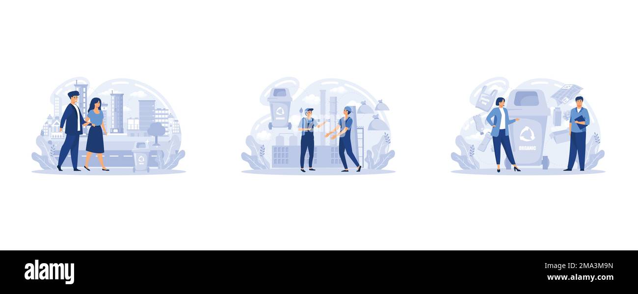 Ecologia città pulita, riciclaggio gestione dei rifiuti, cura della natura e dell'ambiente. Persone stile di vita sportivo e tecnologia urbana. Nessun giorno di macchina, sortina di immondizia Illustrazione Vettoriale