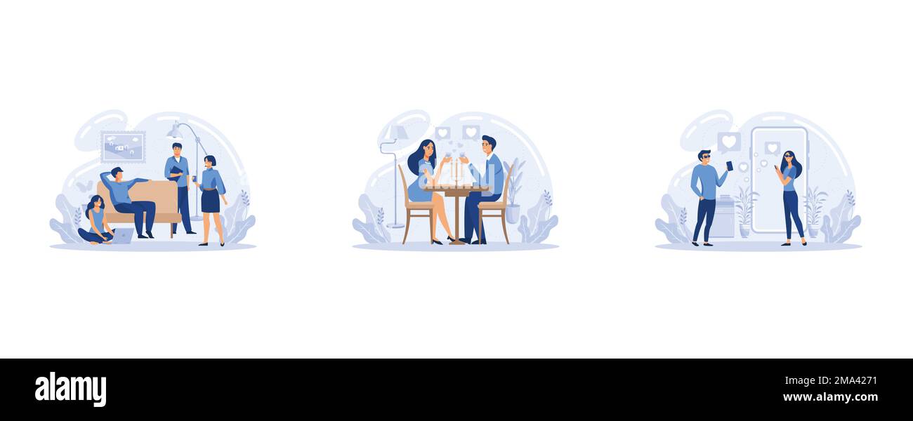 Incontro amici, appuntamento romantico cieco, tempo libero, anima gemella, rapporto romantico, Storia d'amore, San Valentino, set piatto vettore moderna illustrazione Illustrazione Vettoriale