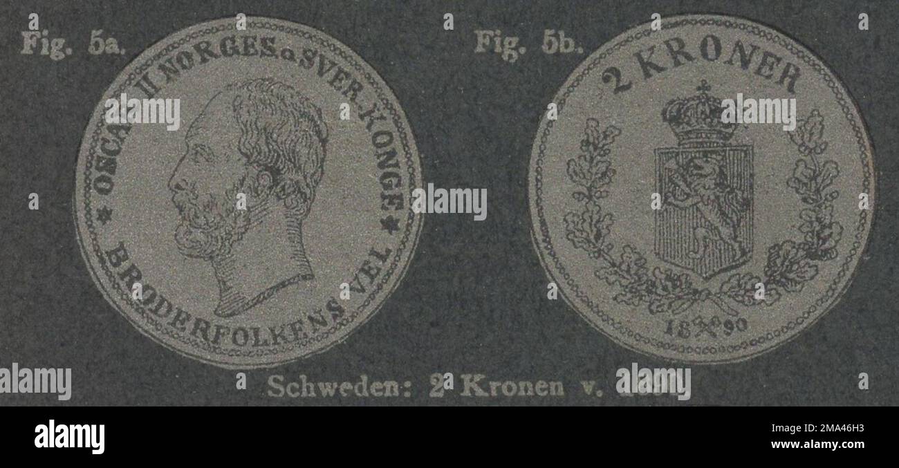 Antico 19th ° secolo germania numismatica catalogo a monete illustrato con interessanti tecniche di stampa / monete antiche / moneta d'epoca / Antiker numismatischer illustratore Katalog aus dem 19. Jahrhundert mit interessanter Drucktechnik : Schweden : 2 Kronen von 1890 / Oscar II / Sweden :2 Kronor from 1890 Foto Stock