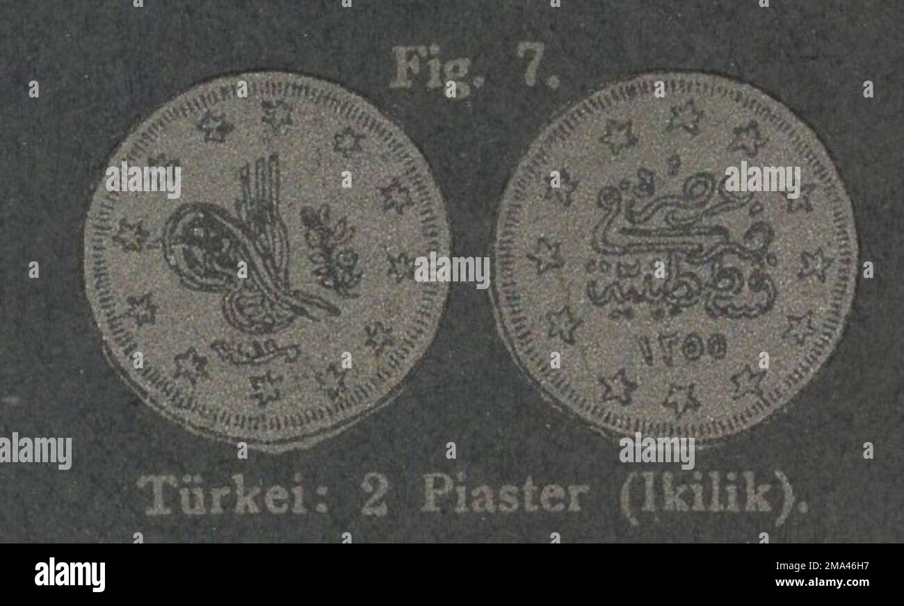 Antico 19th ° secolo germania numismatica catalogo a monete illustrato con interessanti tecniche di stampa / monete antiche / moneta d'epoca / Antiker numismatischer illustratore Katalog aus dem 19. Jahrhundert mit interessanter Drucktechnik : Türkei /Turkey : 2 piaster ( Ikilik ) / 2 Kurush Foto Stock