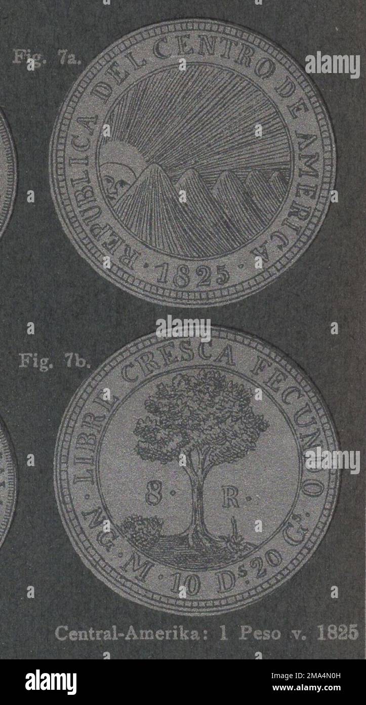 Antico 19th ° secolo germania numismatica catalogo a monete illustrato con interessanti tecniche di stampa / monete antiche / moneta d'epoca / Antiker numismatischer illustratore Katalog aus dem 19. Jahrhundert mit interessanter Drucktechnik : Central - Amerika : 1 peso von 1825 / Central America : 1 peso da 1825 / peso argento / Republica del Centro de America Foto Stock