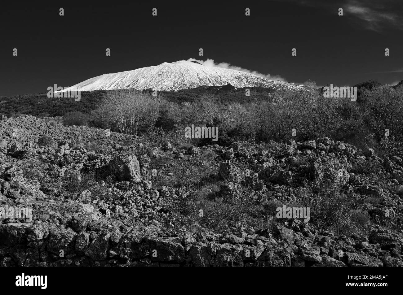 Fotografia in bianco e nero Etna e vecchie rocce laviche in Sicilia, Parco Nazionale dell'Etna, Italia Foto Stock