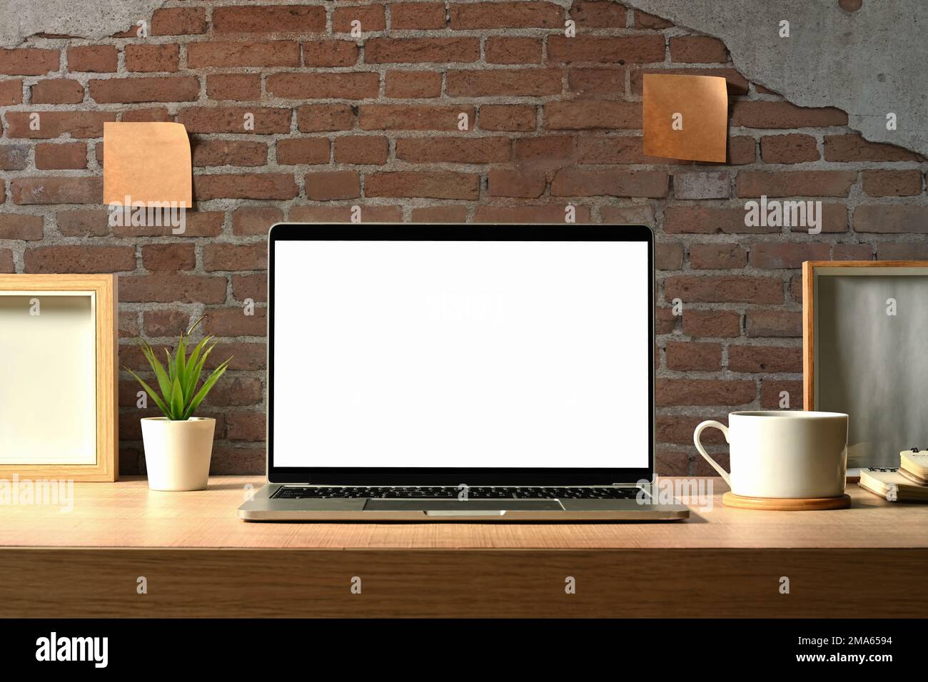 Vista frontale del computer portatile con schermo vuoto, impianto di casa, tazza da caffè e libri su tavolo di legno Foto Stock
