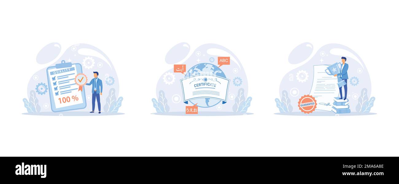 Persone aziendali che soddisfano gli standard di controllo della qualità e ottengono certificati internazionali, certificazioni, gestione della qualità, industria, garanzia legale, Illustrazione Vettoriale