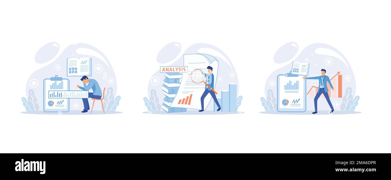 Ricerca di affari. Identificare le soluzioni aziendali determinare le soluzioni per risolvere i problemi aziendali. Marketing analizza il piano di vendita, facendo una campagna pubblicitaria, set f Illustrazione Vettoriale