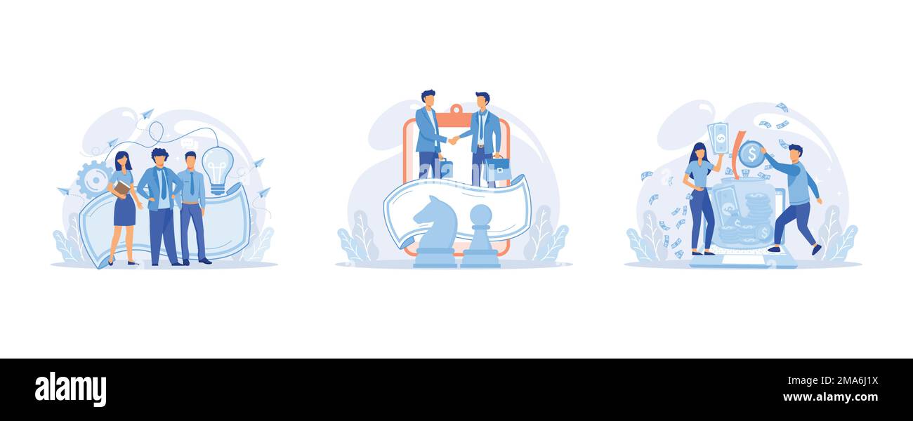 Incontrare il nostro team, partnership strategica crowdfunding, cooperazione e lavoro di squadra, successo imprenditoriale, efficace sviluppo aziendale, gestione del team Illustrazione Vettoriale