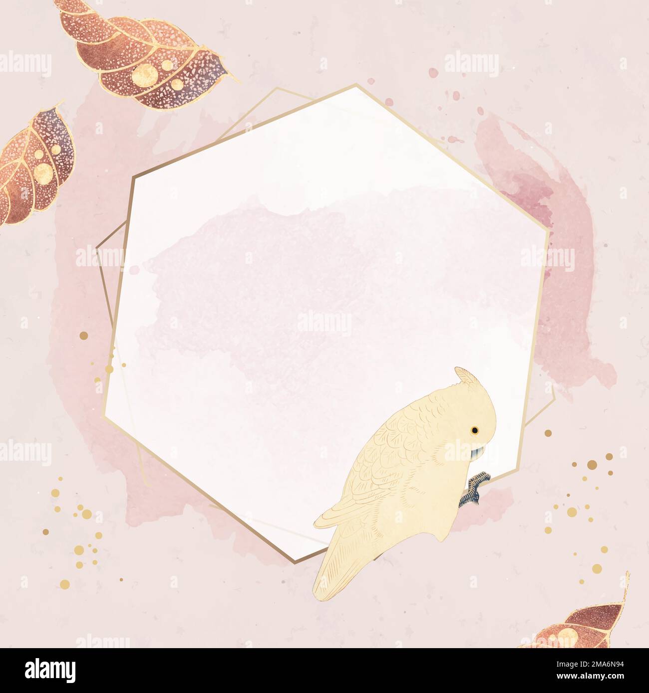 Cornice esagonale in oro con motivi a forma di macaw e foglia su un vettore di sfondo rosa pastello Illustrazione Vettoriale