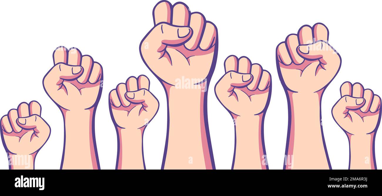 Dimostrazione, rivoluzione, protesta sollevata braccio pugno lotta per i vostri diritti banner. Illustrazione vettoriale della silhouette del braccio. Illustrazione Vettoriale