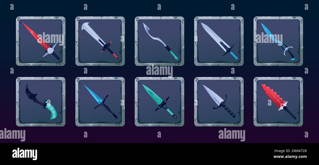 Inventario delle armi di gioco. Cartoon fantasy medievale spade rpg sprite gioco asset, guerrache cavaliere broadsword munizioni potere abilità. Raccolta vettoriale Illustrazione Vettoriale