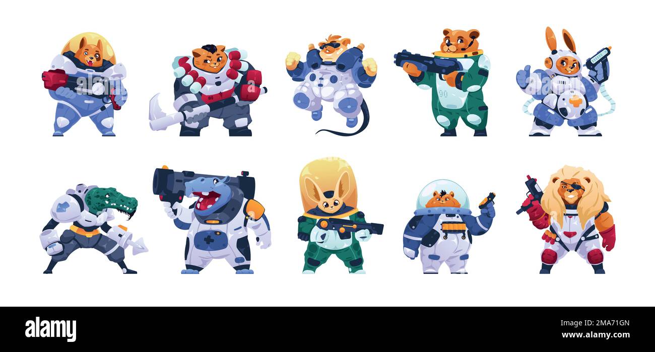 Guerrieri animali fantasy. Carino personaggi di gioco mascotte cartoon con casco di spada scudo armatura, fantasy kawaii divertenti animali con arma cavalieri. Vettore Illustrazione Vettoriale