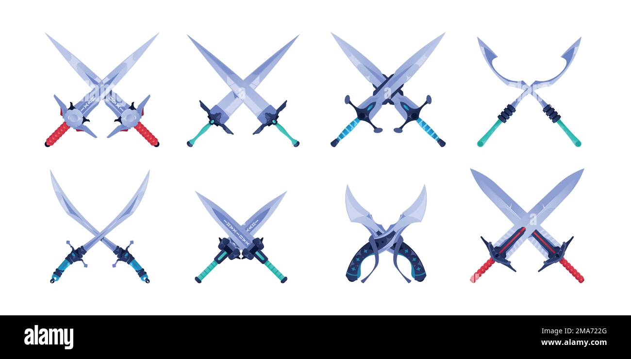 Spade incrociate. Metal fantasy cavaliere medievale affilate lame stile cartone animato, croce di due vecchie armi a spada larga per rpg sprite gioco asset. Set vettoriale Illustrazione Vettoriale