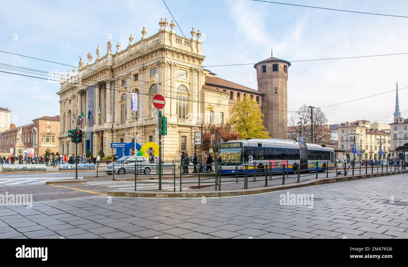 Palazzo Madama nella piazza del castello di Torino. Centro storico di Torino, Piemonte nel nord Italia, Europa Foto Stock