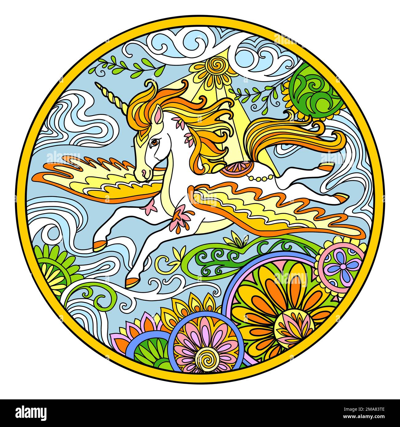 Unicorno volante colorato stilizzato a mano con illustrazione vettoriale dei fiori magici. Cavallo magico in stile zentangle doodle. Modello in pizzo a forma rotonda. FO Illustrazione Vettoriale
