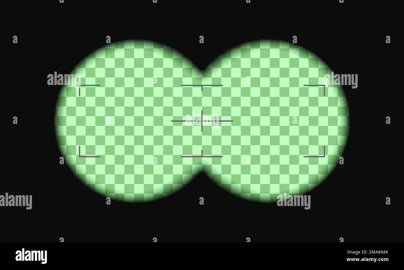 Modello mirino binoculare con sfondo e scala cromati verdi. Esercito, caccia o cecchino strumento ottico per ingrandire, scoprire, cercare, seguire, investigare. Illustrazione vettoriale Illustrazione Vettoriale