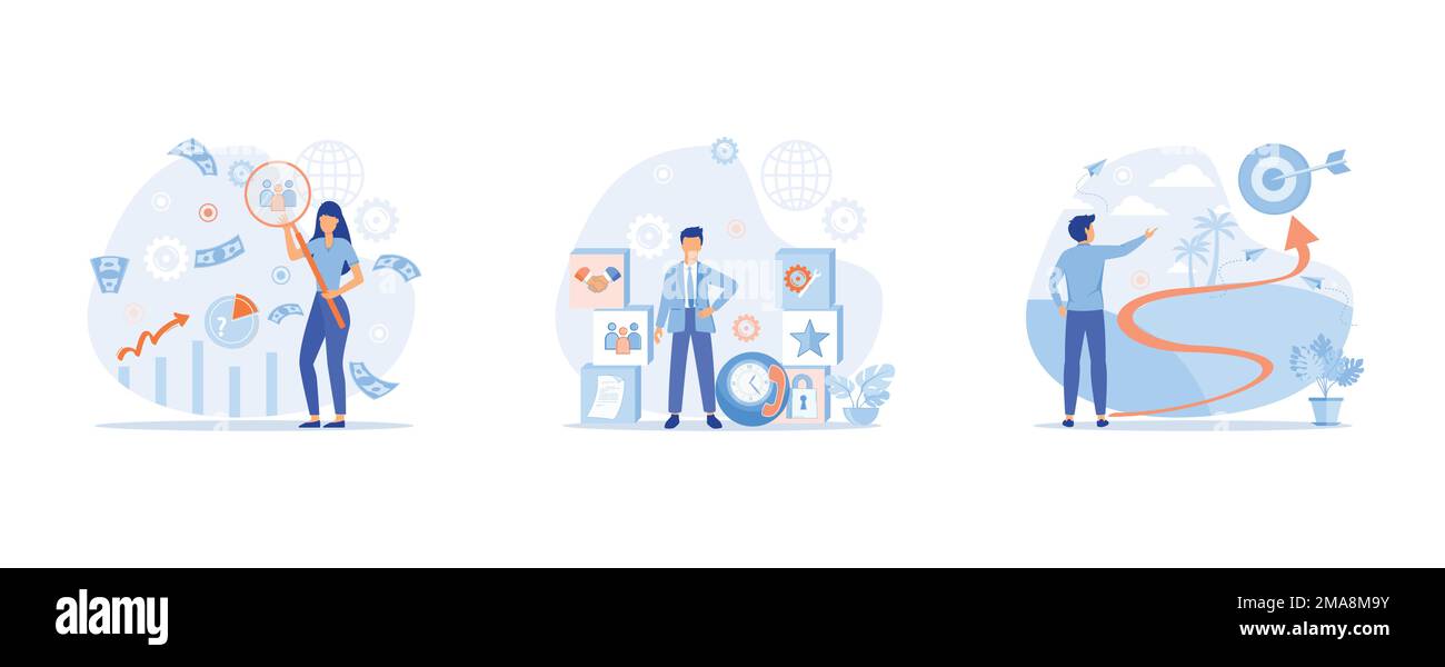 Servizi di business, pianificazione strategica, ricerca di mercato, project management, lavoro di squadra per raggiungere l'obiettivo e aumentare i risultati e i profitti, impostare un vettore piatto Illustrazione Vettoriale