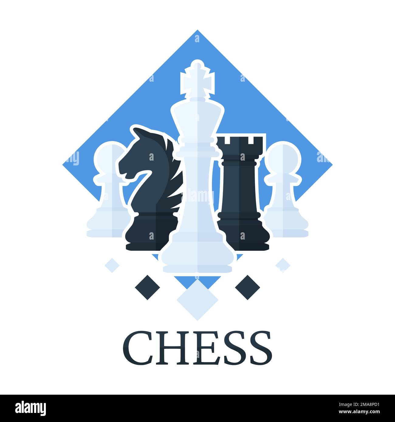 Emblema del club degli scacchi. Logo del torneo di scacchi. Pezzi di scacchi. Isolato su sfondo bianco Illustrazione Vettoriale