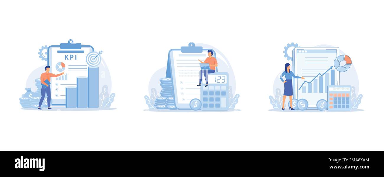 Concetto astratto KPI, calcolo del reddito netto concetto astratto, sistema di gestione finanziaria concetto astratto, impostare vettore piatto illustrazione moderna Illustrazione Vettoriale