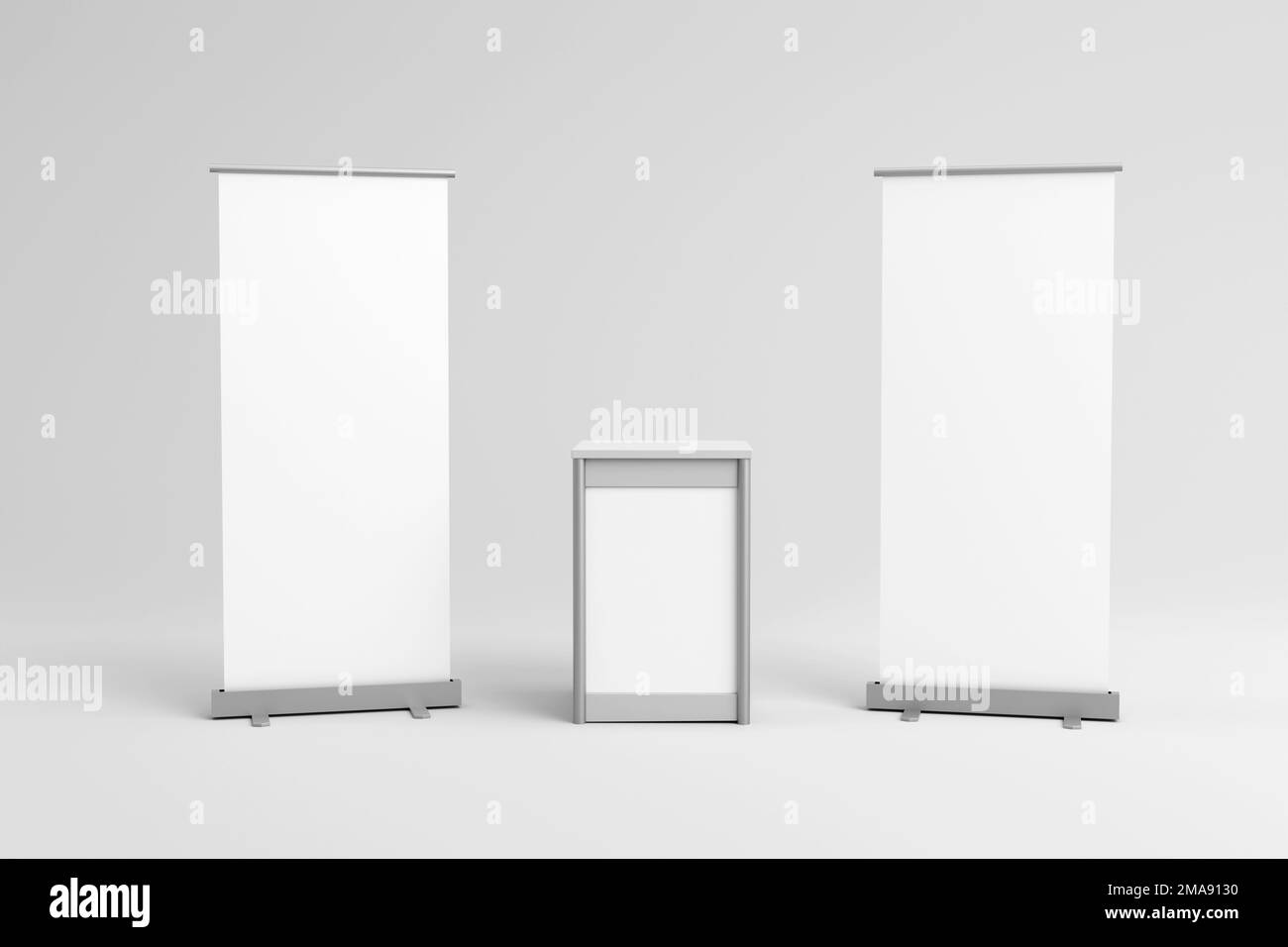 Striscioni a forma di rene con tavolo punto vendita esposizione isolato su sfondo bianco, 3D rendering per mockup e illustrazioni. Foto Stock