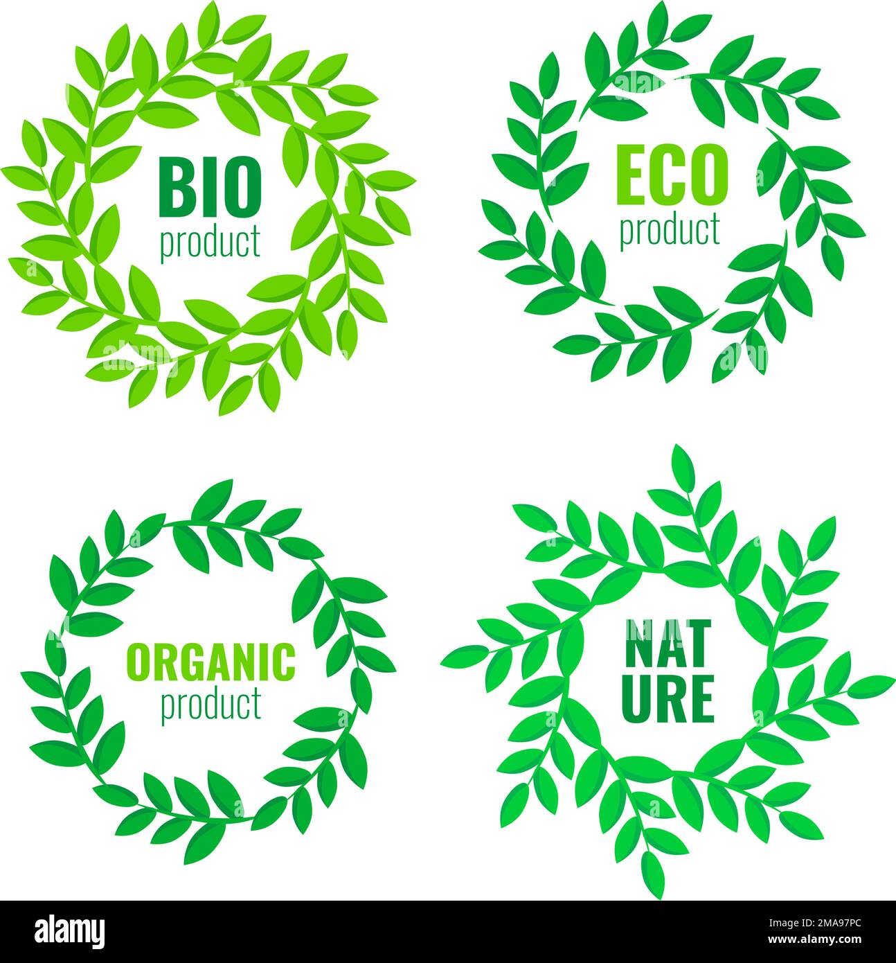 Set di cornici verdi circolari con testo amichevole isolato su sfondo bianco con foglie organiche emblemi, elementi, cornici o logo. Eco conce Illustrazione Vettoriale