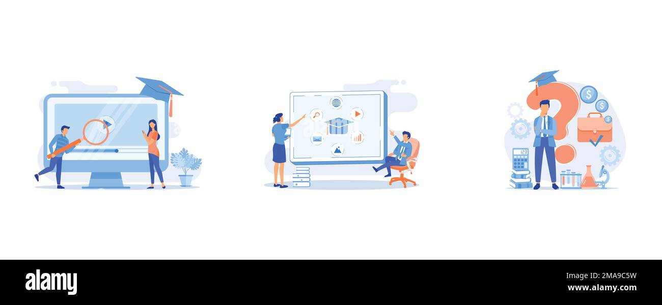 Internet lezioni di ricerca, pianificazione strategia di espansione aziendale, Graduate scegliendo l'università, impostare piatto vettore moderna illustrazione Illustrazione Vettoriale