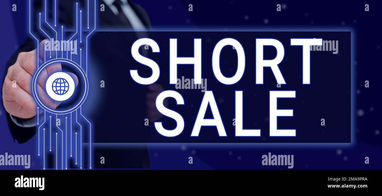 Cartello con la scritta Short sale. Parola scritta su Home che è offerto ad un prezzo che è inferiore all'importo dovuto Foto Stock