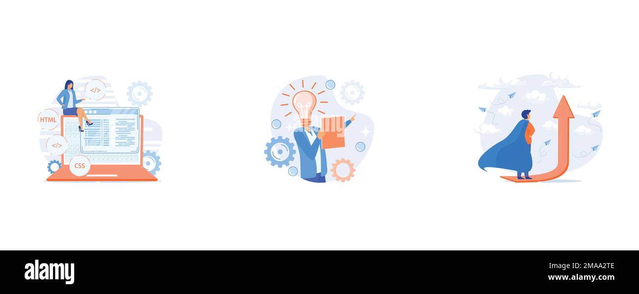Linguaggi di programmazione CSS e HTML, generazione di idee innovative, motivazione alla crescita personale, impostazione vettore piatto illustrazione moderna Illustrazione Vettoriale
