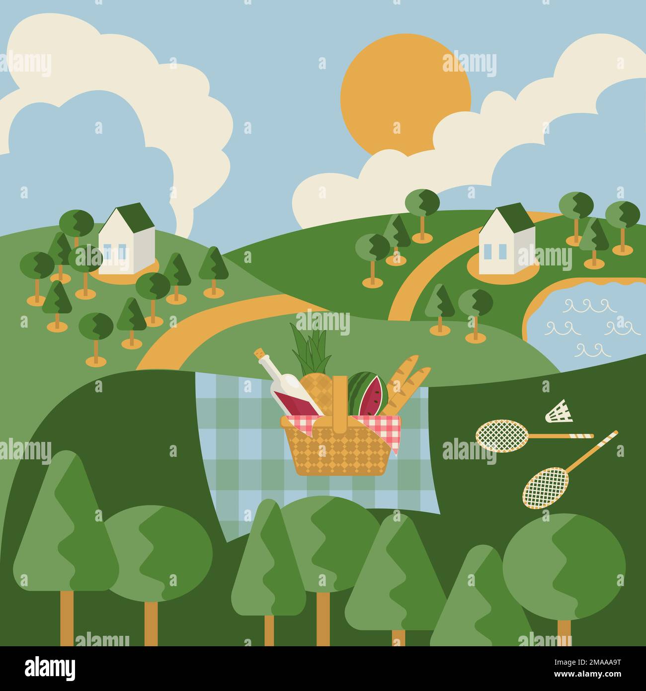 Cartoon vettore paesaggio composizione con cestino da picnic disegnato e badminton impostato in stile piatto Illustrazione Vettoriale