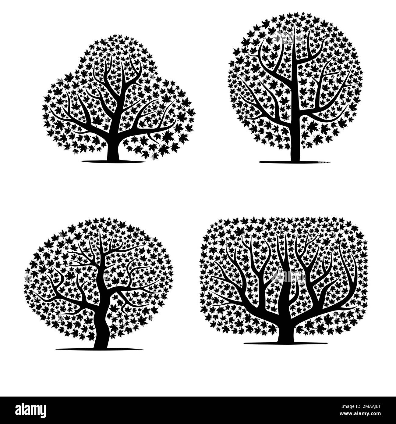 Astratto acero foglie nero albero silhouettes set Illustrazione Vettoriale