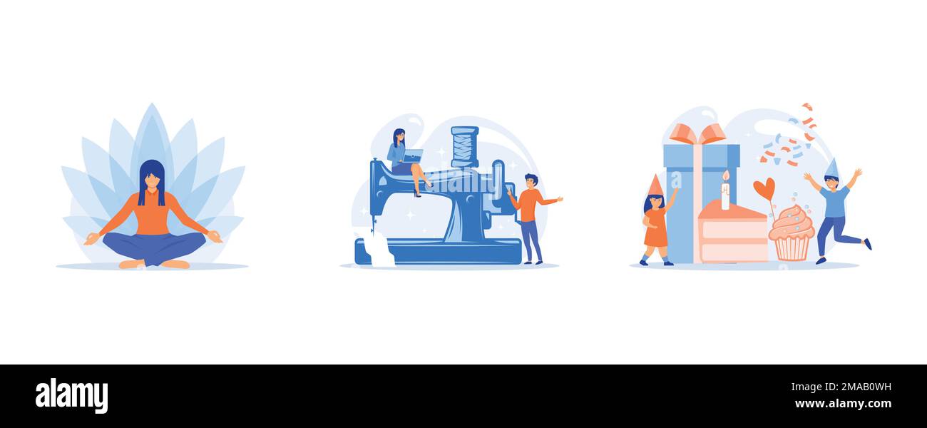 Istruttore di scuola di yoga, lezioni di cucito professionali, festa di compleanno dei bambini, set piatto vettore illustrazione moderna Illustrazione Vettoriale