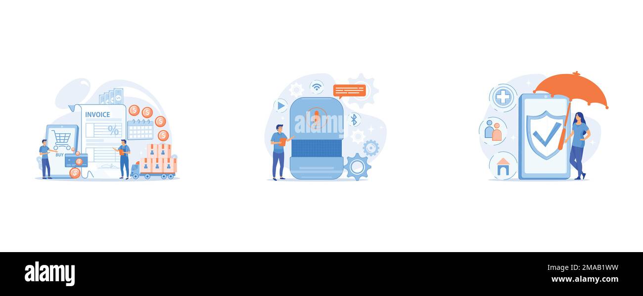 Applicazione per lo shopping online, servizio di consegna, attività di trasporto, utente con altoparlante intelligente controllato a voce o assistente vocale, cliente ottenere Illustrazione Vettoriale