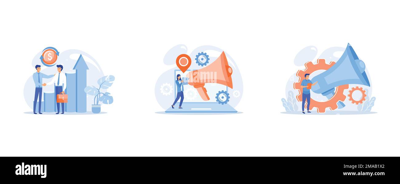 Strategia B2B, software di automazione marketing e CRM, promozione, impostare piatto vettore moderno illustrazione Illustrazione Vettoriale