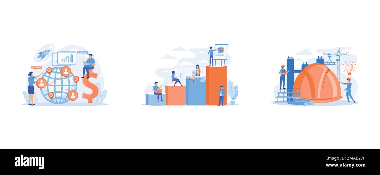 Team di vendita che lavora in remoto con i clienti di tutto il mondo e simbolo del dollaro, interni di uffici, ingegneri di costruzione che utilizzano materiali intelligenti, set fl Illustrazione Vettoriale