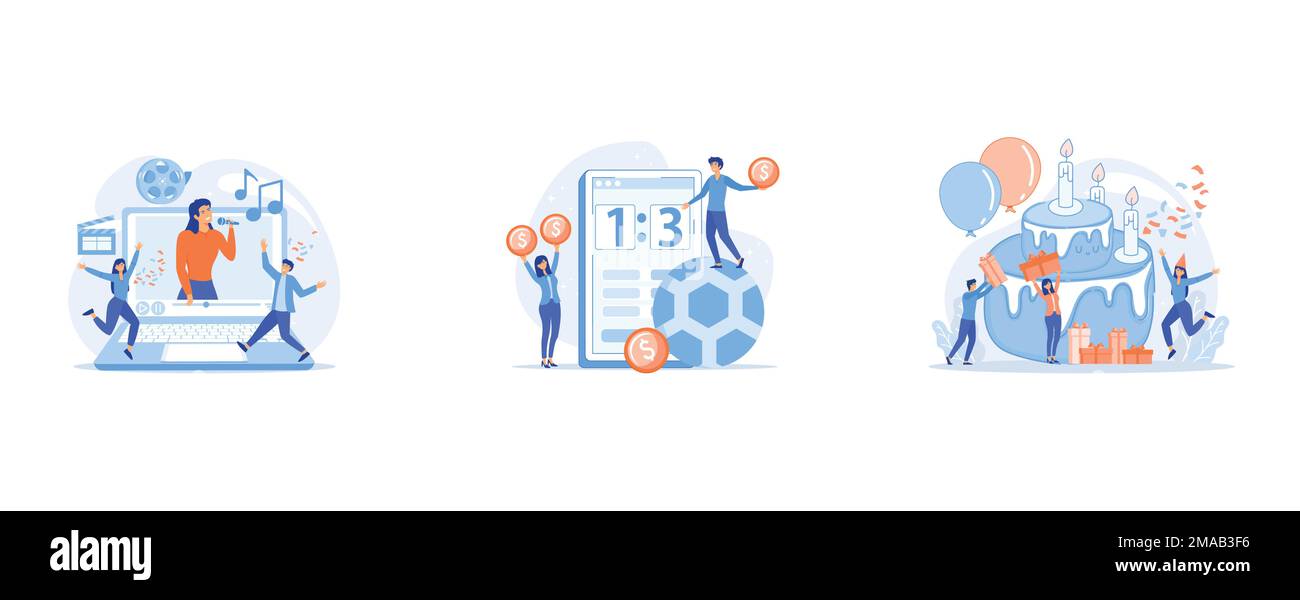 Enorme computer portatile con cantante famoso che esegue sullo schermo e persone piccole ballare, persone piccole, businessman scommettere sul calcio e bookmaker a grande smartph Illustrazione Vettoriale