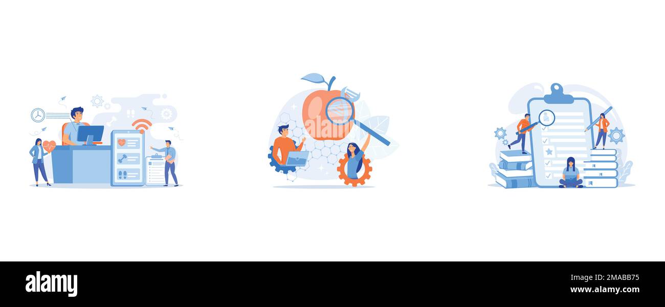 Supporto tecnico ragazzi che lavorano per la riparazione di un computer hardware e software, scienziati che lavorano con lente di ingrandimento e DNA di Apple, responsabili HR guardare Illustrazione Vettoriale