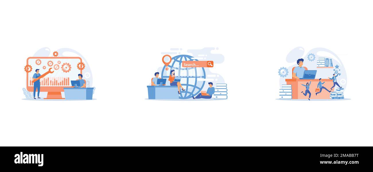 Supporto tecnico ragazzi che lavorano alla riparazione di hardware e software di un computer, il team Freelance lavora con i laptop connessi dalla rete globale, Business Illustrazione Vettoriale