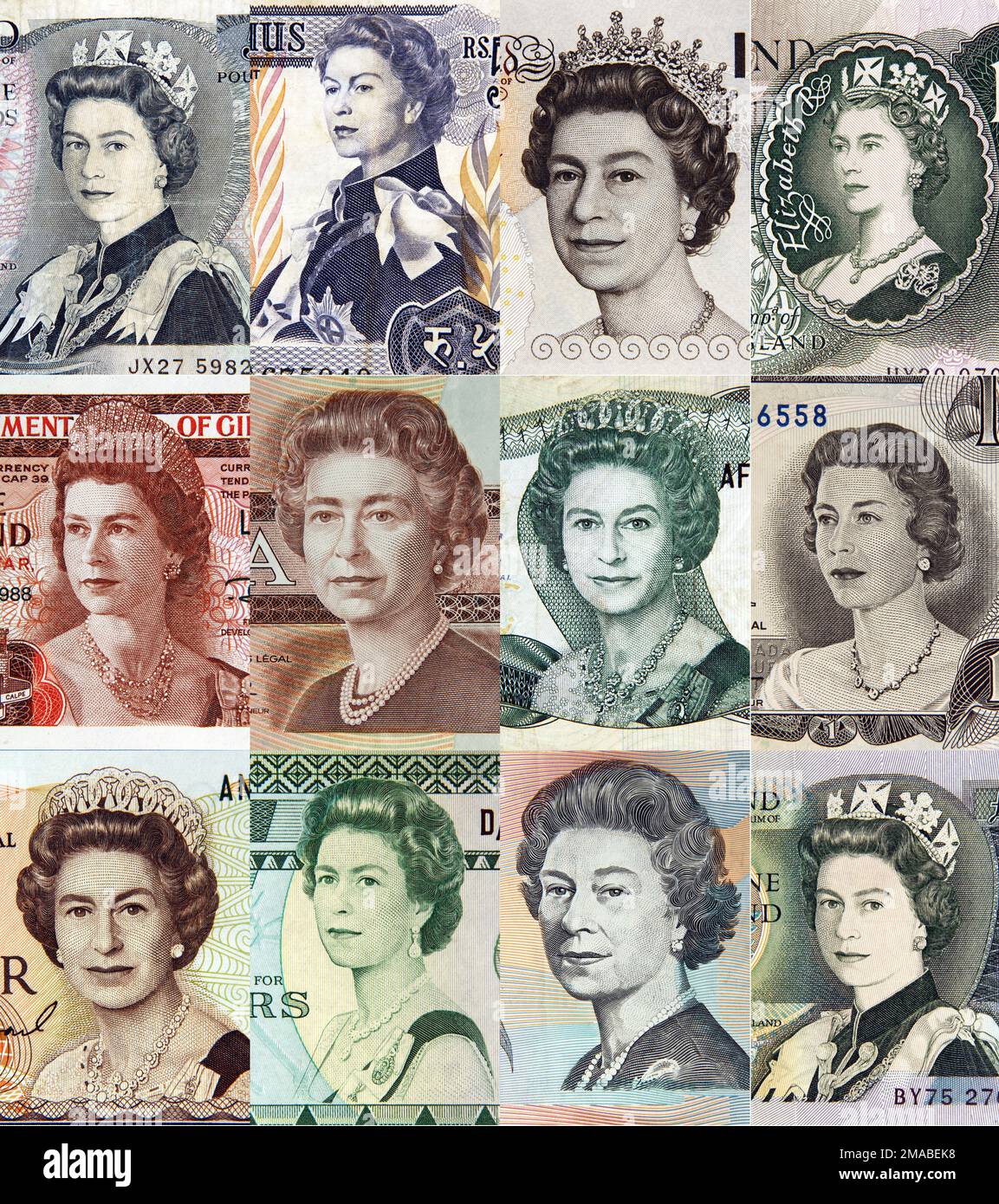 Regina Elisabetta la seconda pounds, composizione fotografica grafica con i ritratti della regina presenti su alcune banconote del mondo Foto Stock