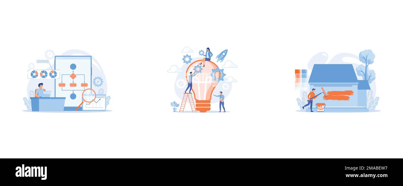 Analista che lavora al notebook con processo di automazione, piccole aziende che generano idee e tengono gli ingranaggi a una grande lampadina, Building exterior renova Illustrazione Vettoriale