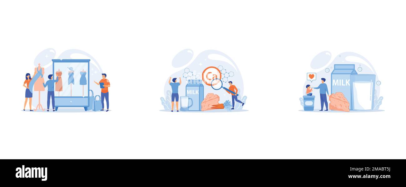 Designer team lavorando su nuova collezione di vestiti e pezzo di stoffa su manichino, persone piccole, sportivo sano con alimenti biologici alto in calcio, dai Illustrazione Vettoriale