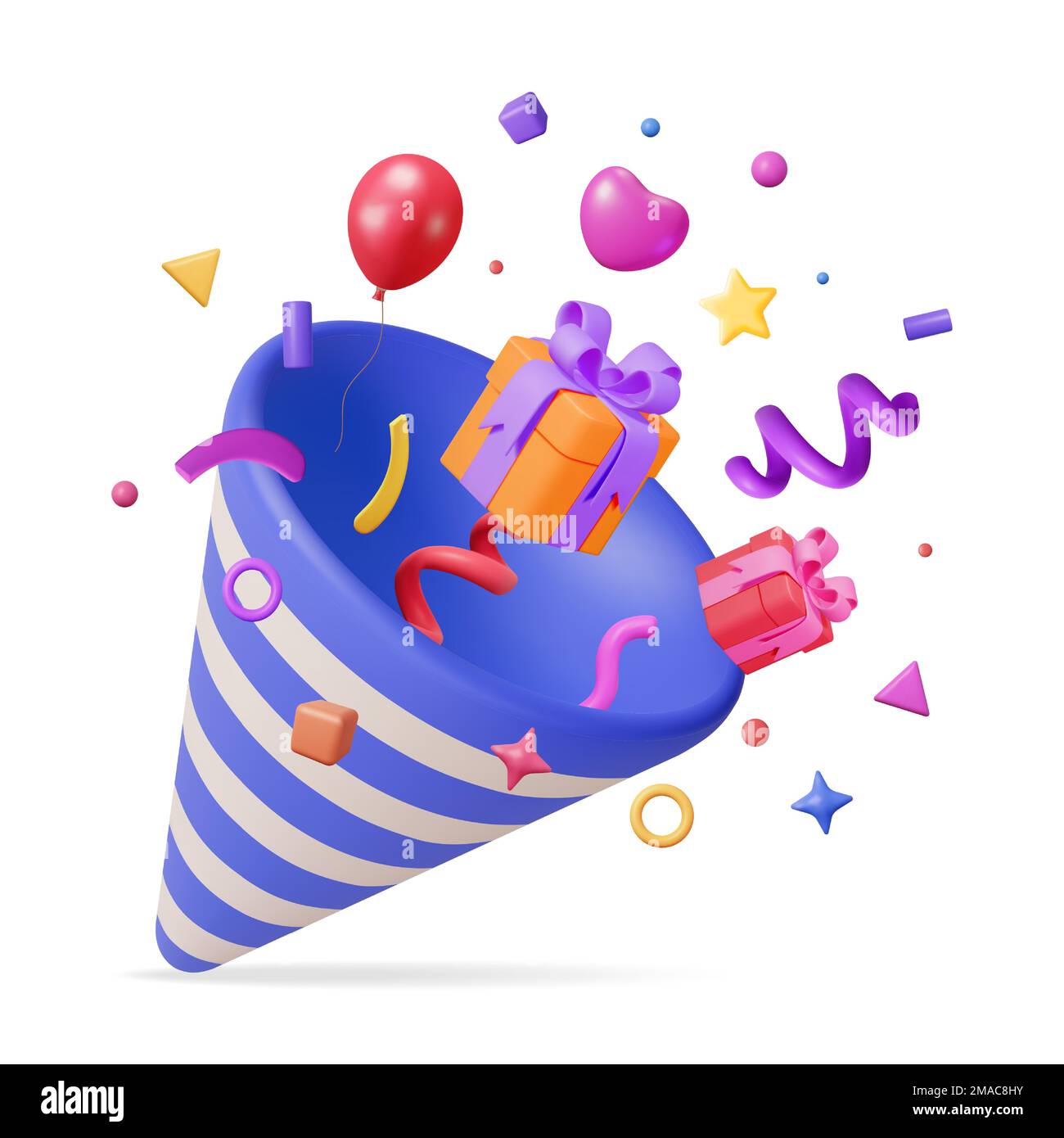 3D Party Popper con Confetti Illustrazione Vettoriale