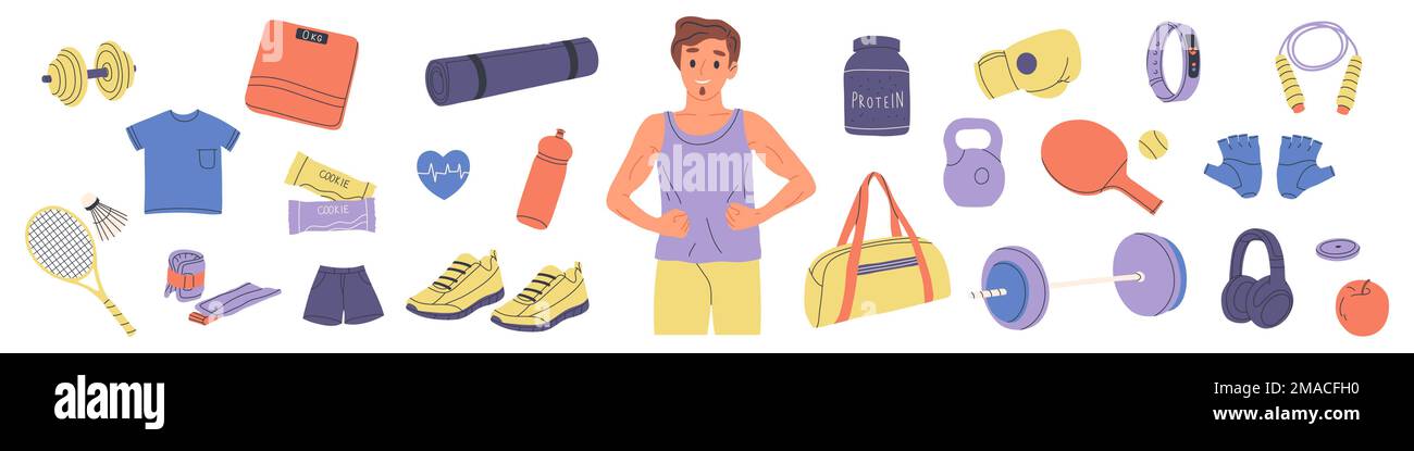 Ragazzo giovane e oggetti per lo sport. Kettlebell, borsa da palestra, barbell, racket. Pacchetto di materiale per l'allenamento. Illustrazione del vettore piatto isolato. Illustrazione Vettoriale